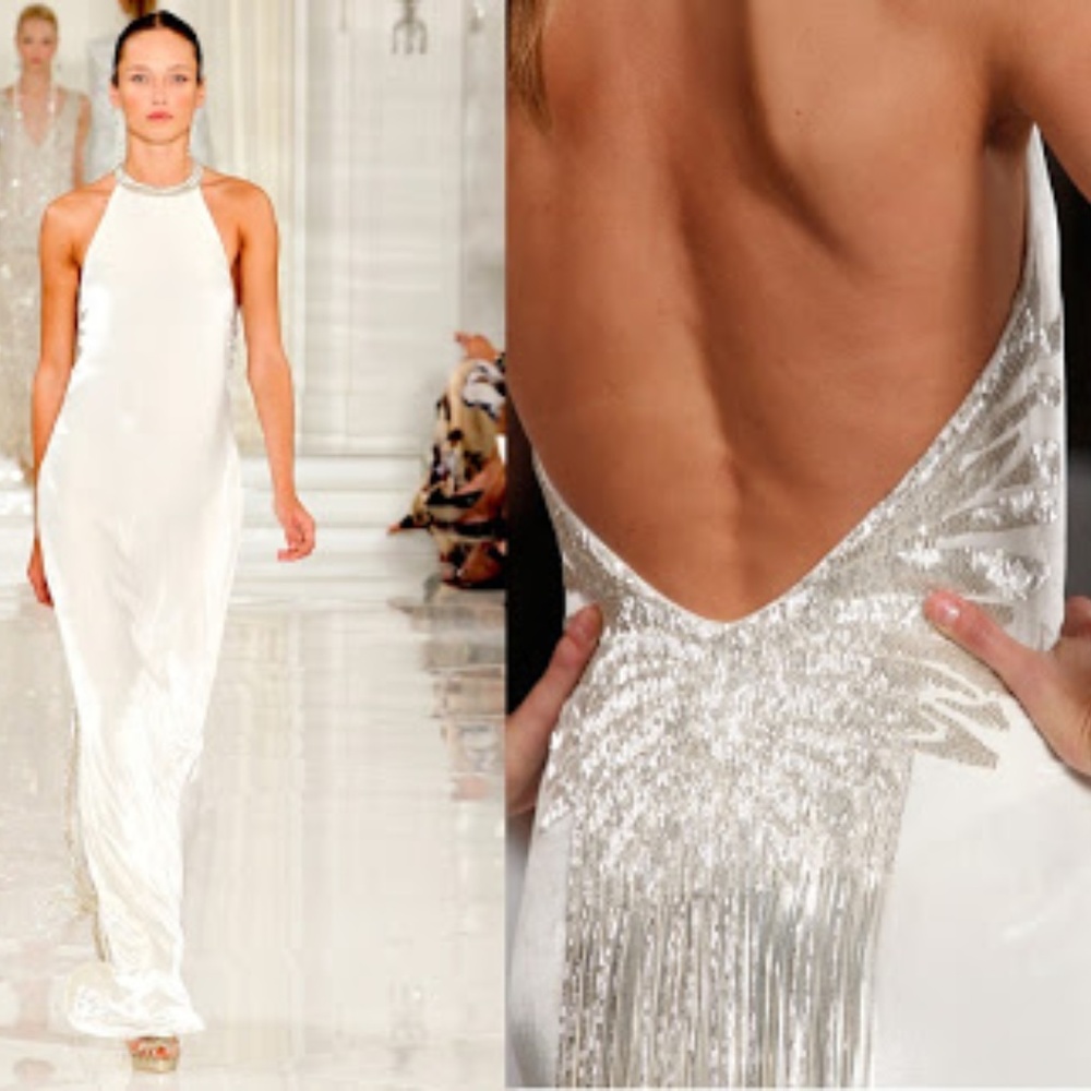Ralph Lauren white velvet gown with beaded fringe